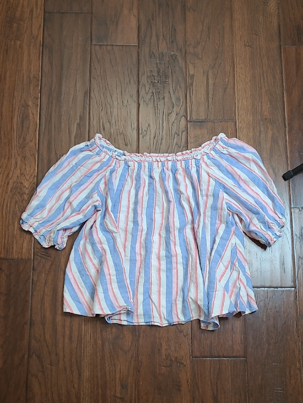 Crown & Ivy Blue, White & Reddish Pink Striped Off-Shoulder Linen Blend Top (M)
